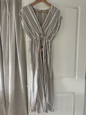 Blue Island Striped Maxi Dress Boho Tassel Tie Waist Beach Coastal Dress Medium